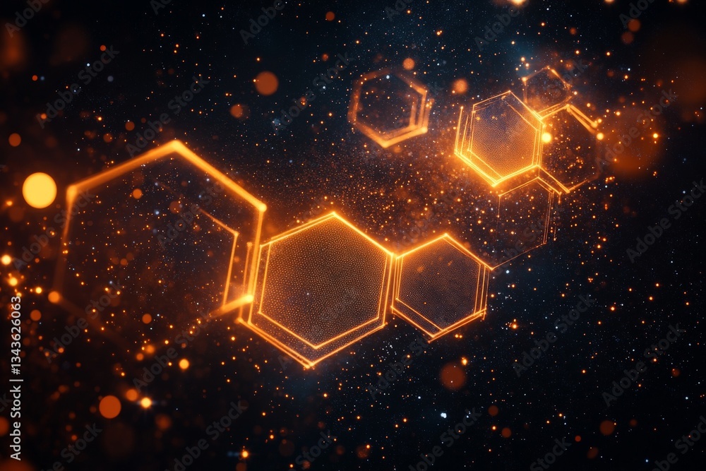 Poster Abstract glowing hexagons with sparkling particles in a dark cosmic background