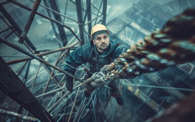 Obraz premium A construction worker suspended from a safety sling carefully paints the edge of a steel beam on a skyscraper under construction.