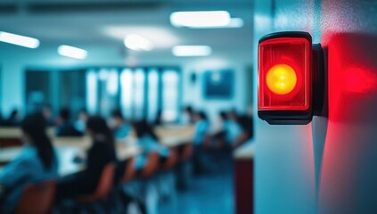 Red emergency light in a classroom setting with blurred students.