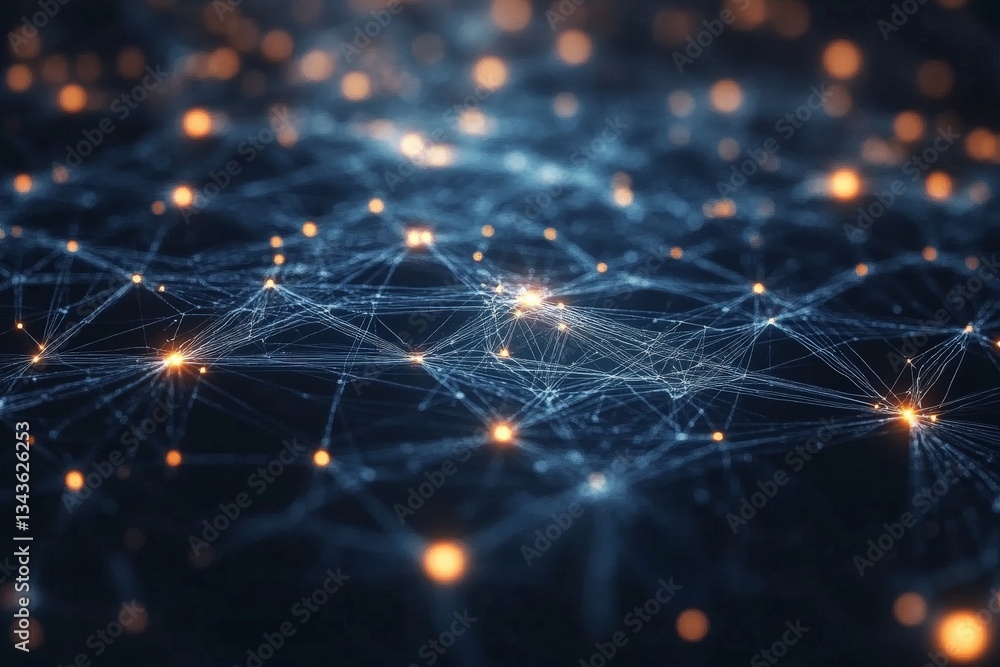 Poster Connecting nodes illuminated by glowing points form intricate networks in a digital landscape