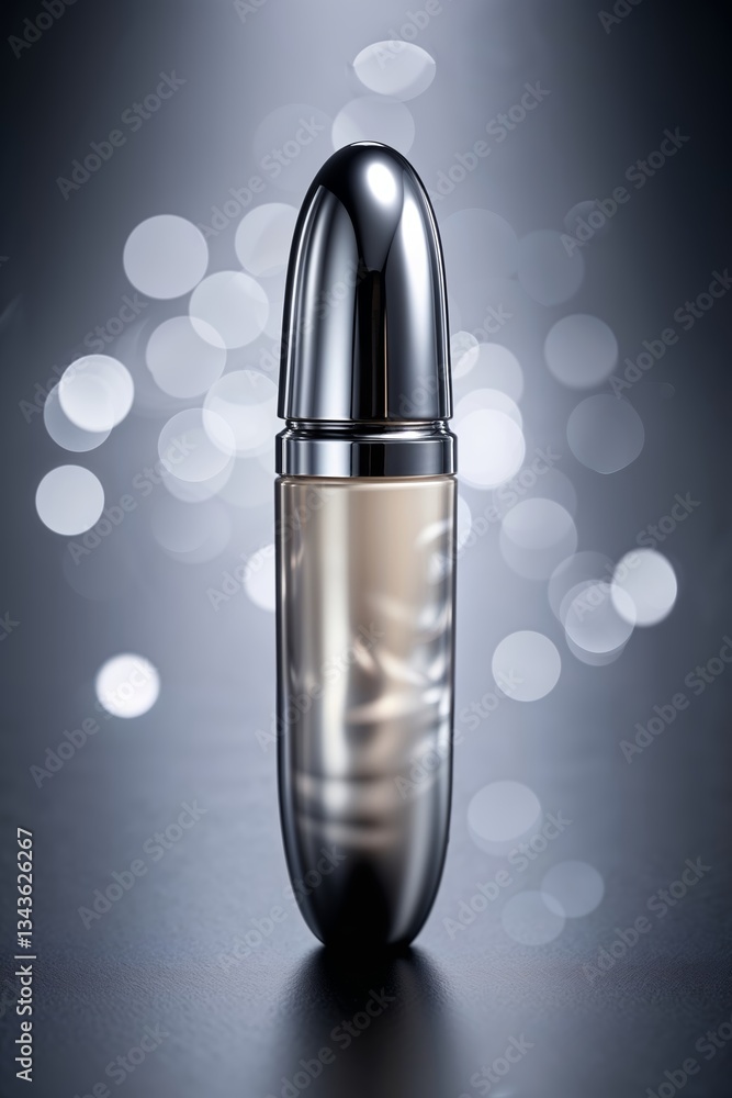 Poster elegant silver and gold cosmetic container standing on a reflective surface with shimmering bokeh in