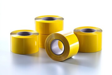 Bright yellow adhesive tape rolls arranged on a white background showcasing their glossy finish and versatility in various tasks
