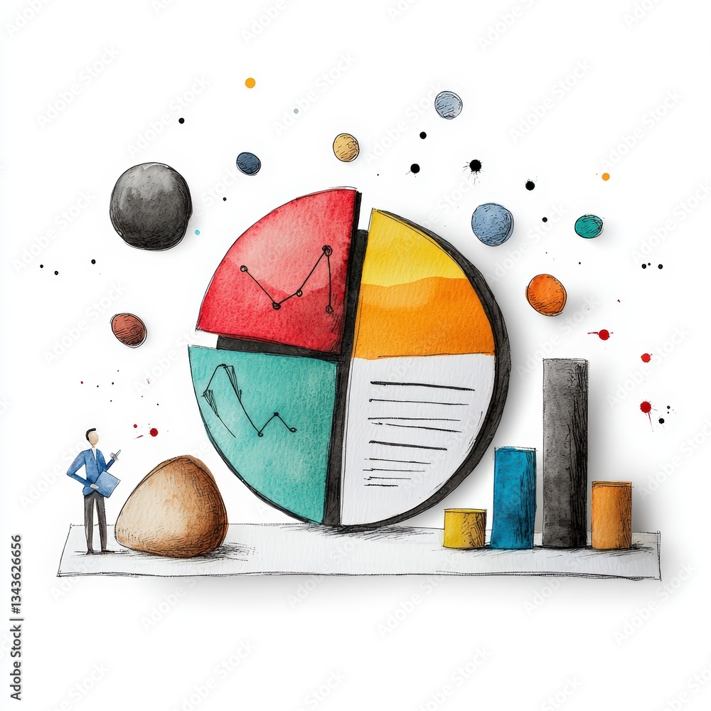 Poster colorful pie chart illustration depicting data analysis and growth concepts with a businessman obser