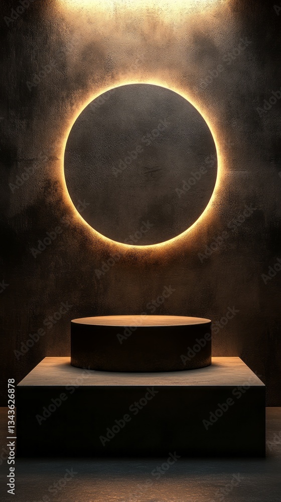 Poster a striking circular light emanates a warm glow above a minimalistic pedestal in a dimly lit gallery.