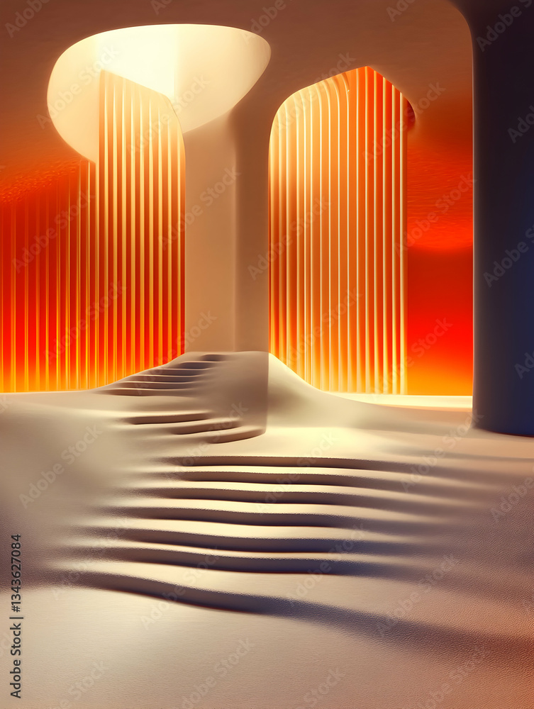 Poster minimalist staircase rising through surreal orange white space, vertical light lines and circular op