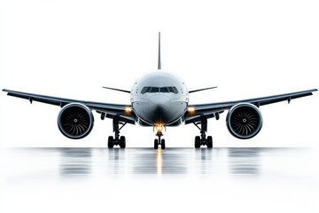 Fototapeta premium Airplane parked on a runway during twilight with lights shining brightly on the tarmac