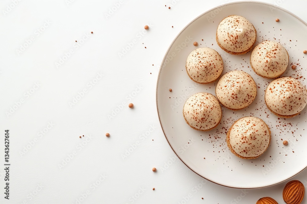Poster Delicious assorted meringue cookies arranged on a white plate with delicate sprinkles and nuts on a soft background