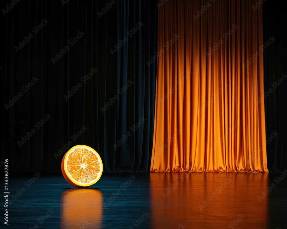 Poster an orange turning into a vibrant symbol of unity and creativity on stage.
