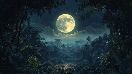 Fototapeta premium Enchanting Jungle Panorama with Full Moon in Night Sky
