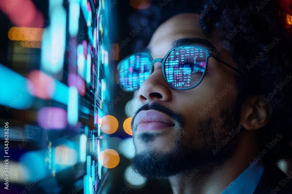 Poster young man reflecting on digital data while gazing intently at a glowing screen in a modern urban env