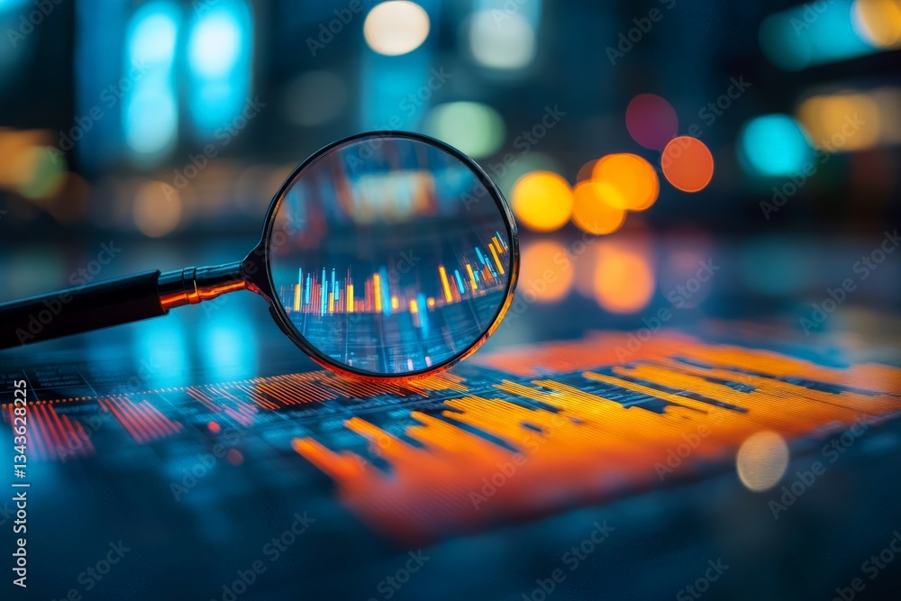 Poster exploring data trends with a magnifying glass on a colorful analytical graph in a nighttime urban se