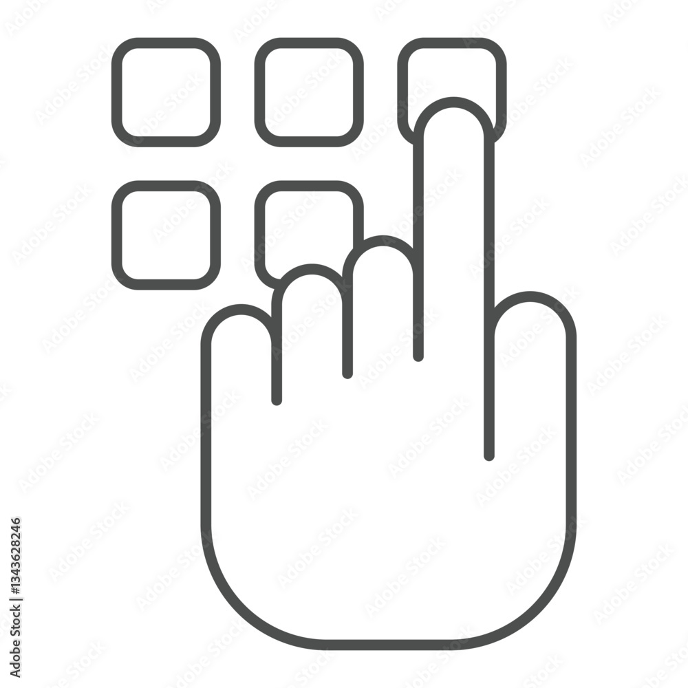 Poster typing pin code thin line icon, data protection concept. vector graphics. hand pointer with buttons 