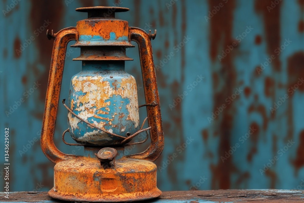 Poster old rusty lantern resting on wooden surface with blue weathered background in outdoor setting