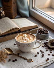 Latte art close up with a leaf pattern and a relaxing coffee scene by the window