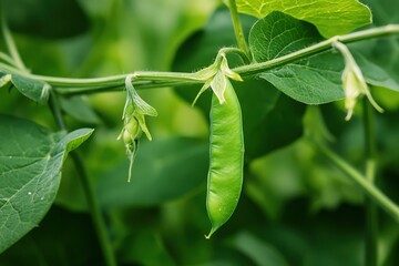 Obraz premium A green pea pod growing on a vine with leaves visible
