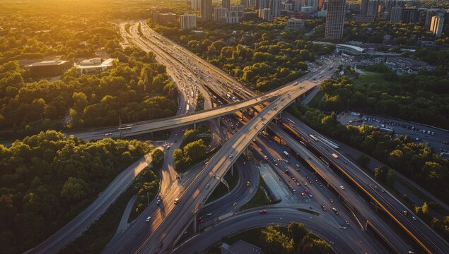 City highway interchange at sunset