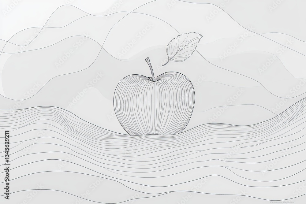 Aufkleber minimalist outline of an apple nestled in wavy abstract landscape with soft background