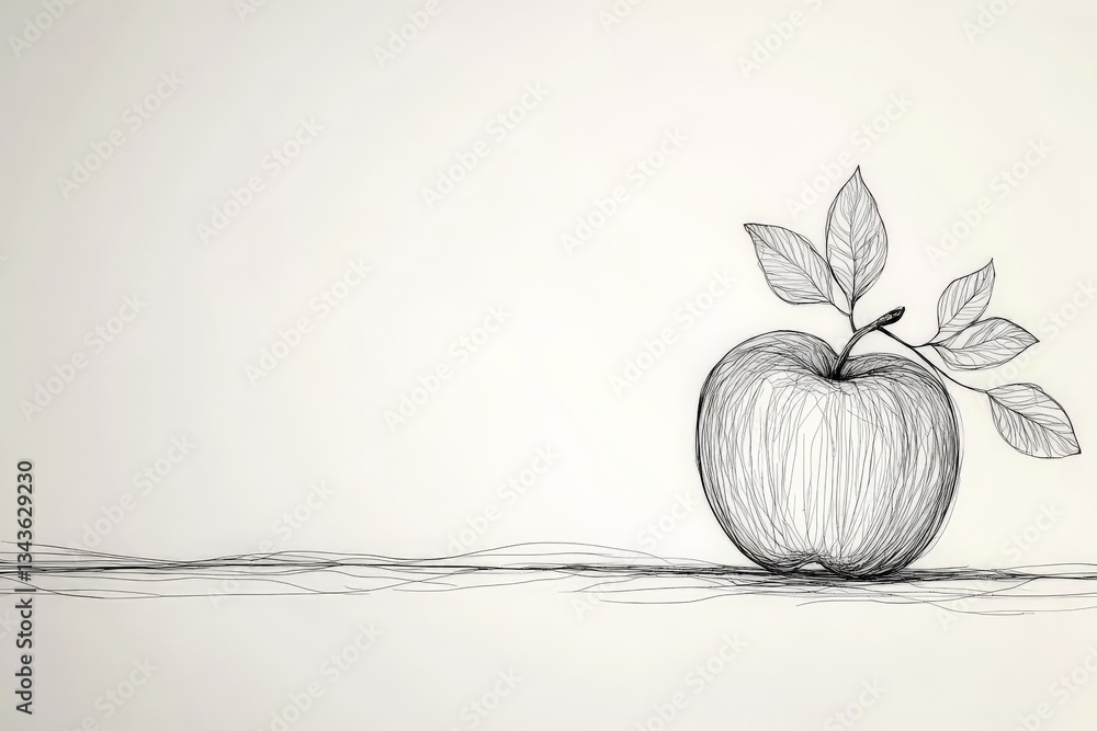 Poster creative black and white line art of an apple with leaves on a simple background