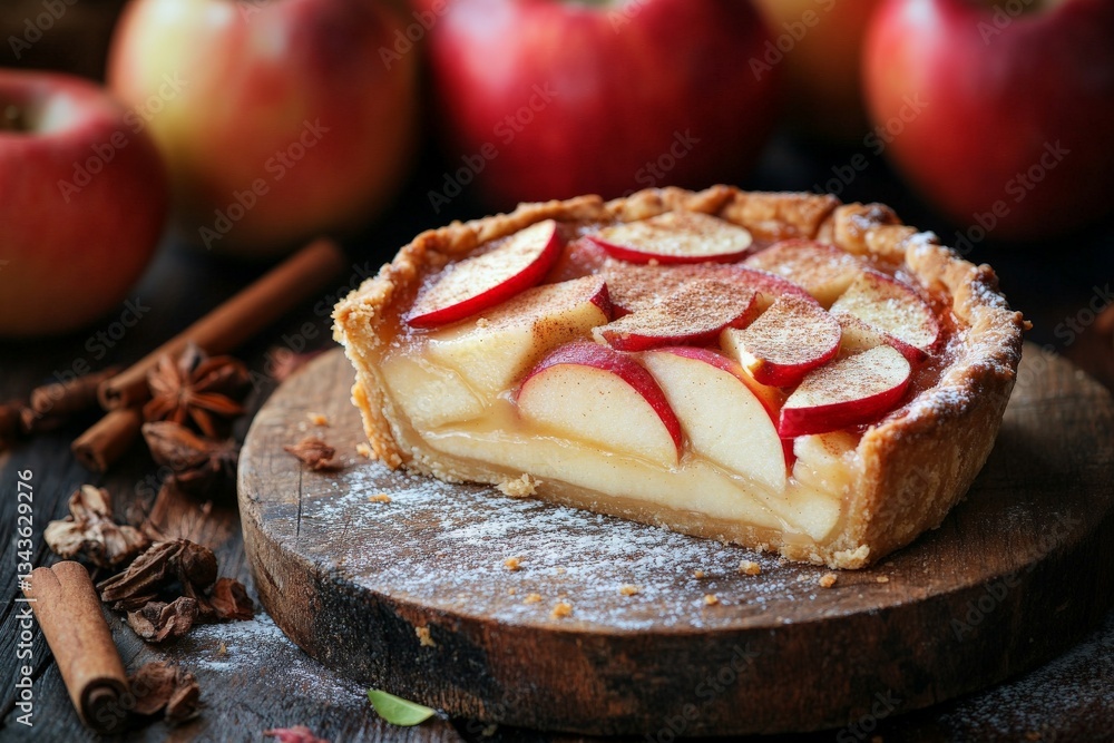 Poster homemade apple pie with sliced apples on top surrounded by fresh apples and spices on a wooden table