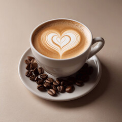Obraz premium Latte art close up showing intricate heart pattern in coffee surrounded by beans.