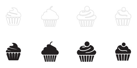 cupcake icons set. Editable minimalist vector icons. Flat and Outline.