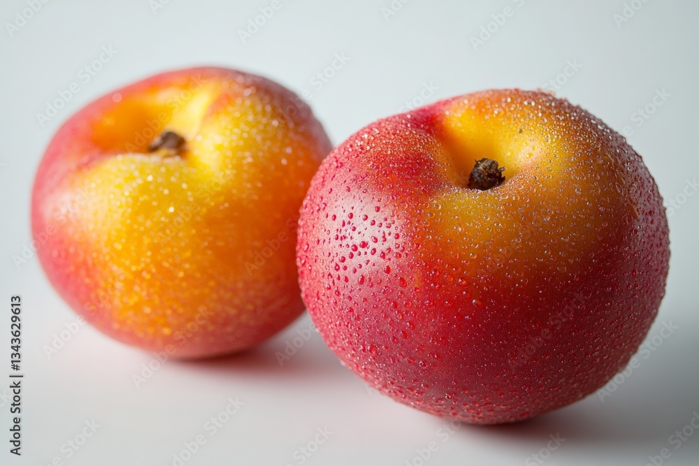 Poster freshly washed nectarines glisten with water droplets on a clean surface in a bright setting