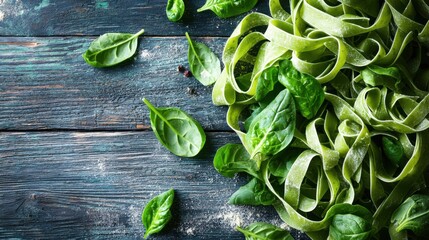 Obraz premium Spinach pasta on the wooden background, photo studio.