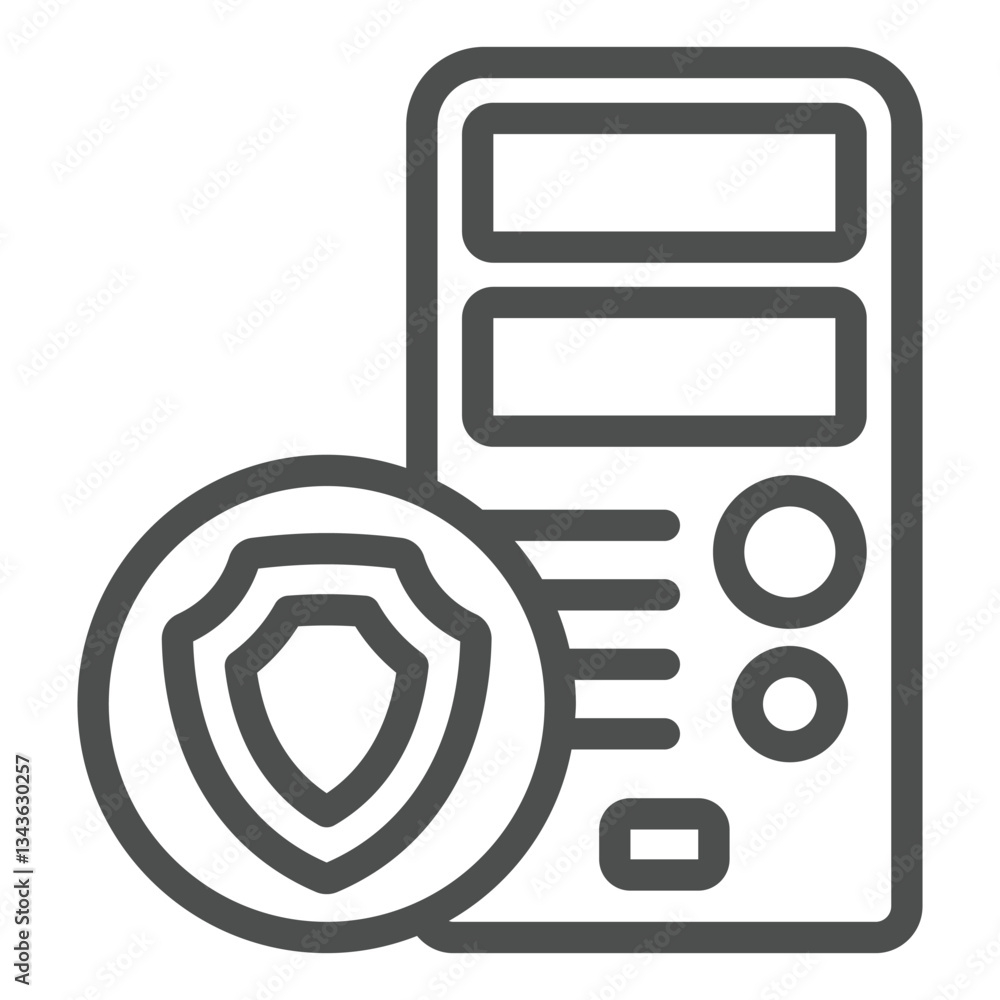 Poster desktop computer with shield line icon, data protection concept. vector graphics. system unit box si