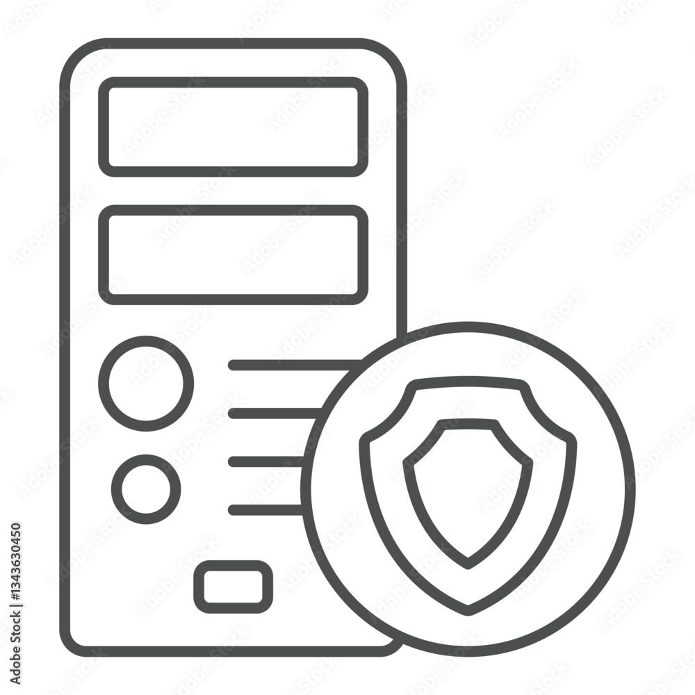 Poster desktop computer with shield thin line icon, data protection concept. vector graphics. system unit b