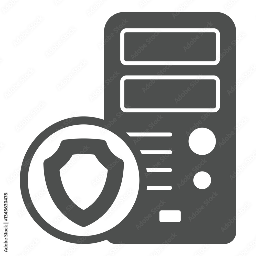 Poster desktop computer with shield solid icon, data protection concept. vector graphics. system unit box s