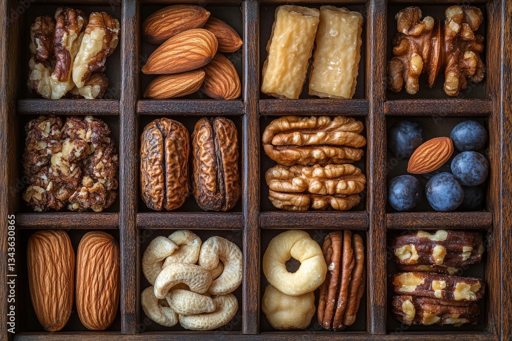 Poster Assorted nuts and dried fruits arranged in an elegant wooden box with compartments for a rich display