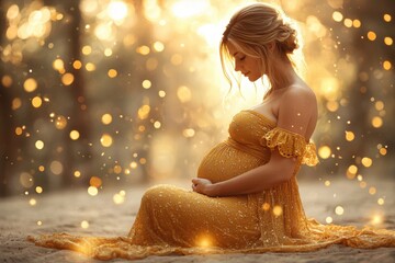 Find serenity and inner peace during pregnancy with this beautiful image of a Pregnant woman sitting in a meditative position Her hands rest gently on her belly, and she is exuding peace and