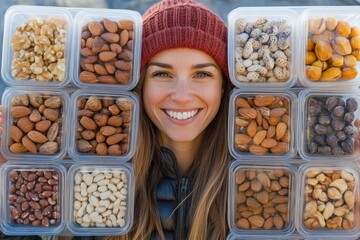 Smiling woman showcases a variety of nuts and dried fruits at a market in sunny weather
