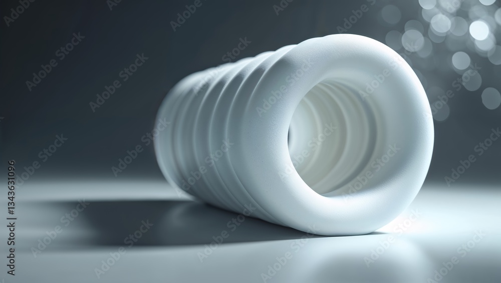 Poster modern white cylindrical container with grooves illuminated by soft light on a reflective surface