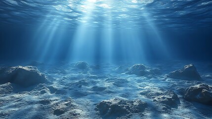 Sunbeams illuminate an underwater rocky seabed.