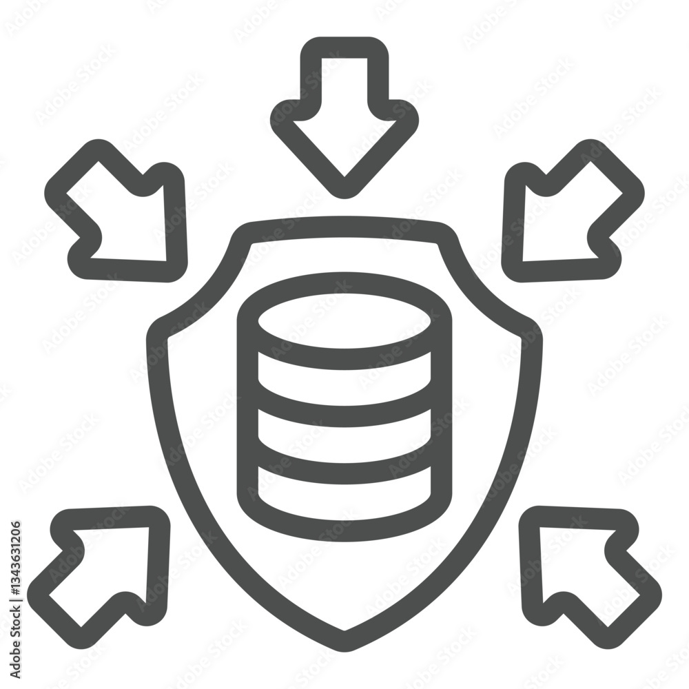 Aufkleber storage array on shield with arrows line icon, data protection concept. vector graphics. hard disks,