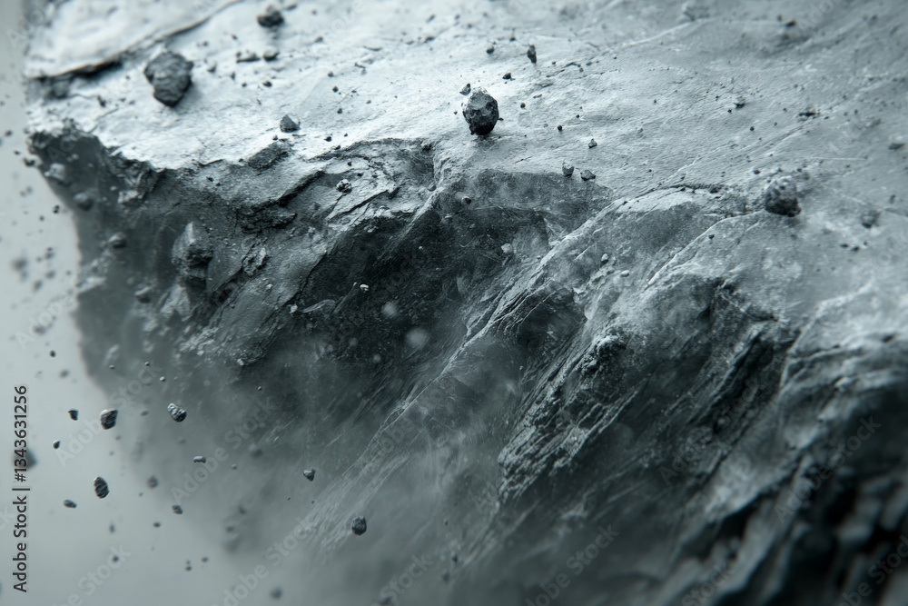 Poster rugged rock surface with falling debris in a dramatic monochrome setting capturing natural erosion d