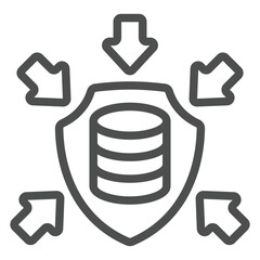 Storage array on shield with arrows line icon, data protection concept. Vector graphics. Hard disks, data under attack sign on white background, outline style icon for mobile or web design.