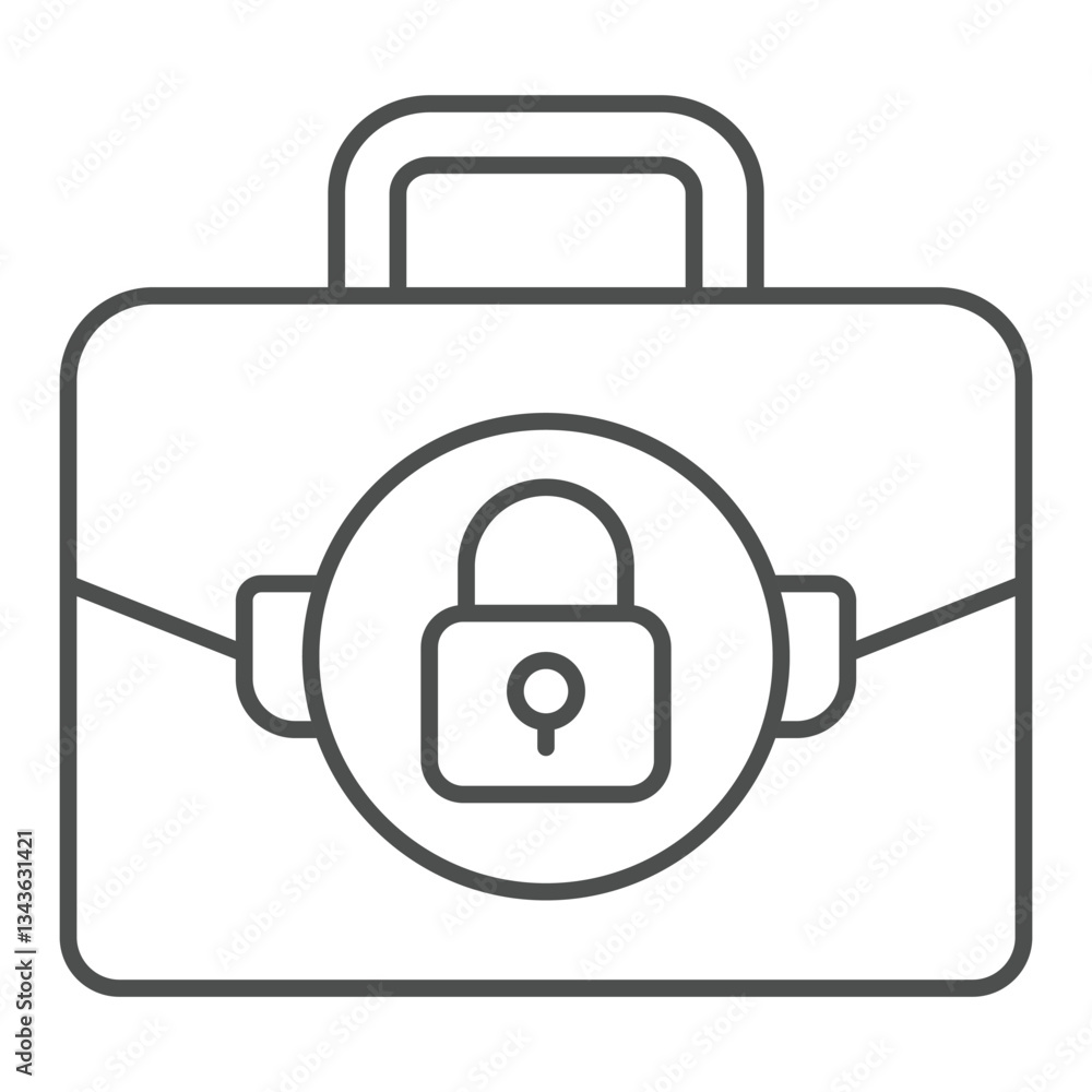 Poster briefcase with secure lock thin line icon, documents safety concept. vector graphics. portfolio bag 