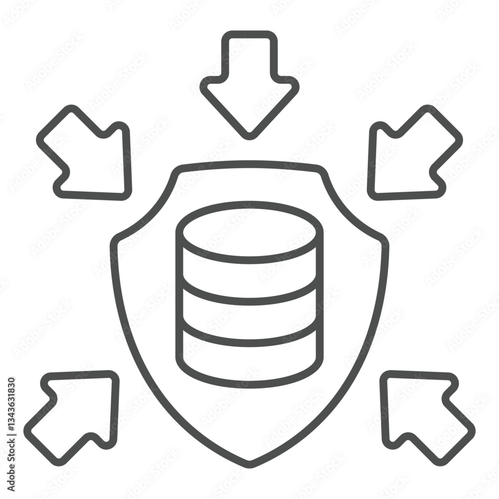 Poster storage array on shield with arrows thin line icon, data protection concept. vector graphics. hard d