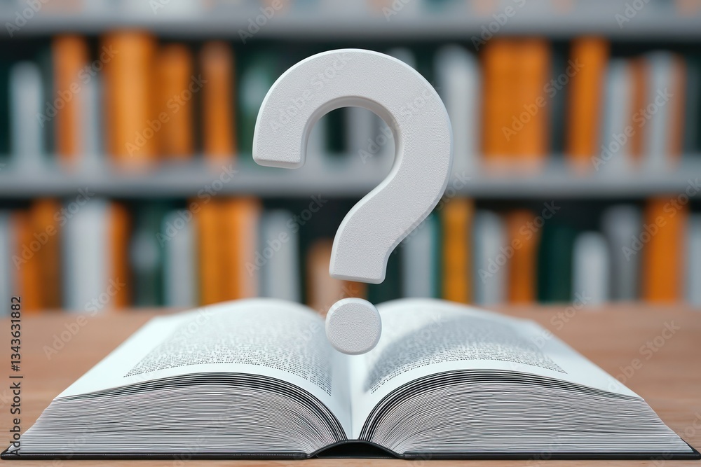 Poster a 3d question mark with a book, symbolizing learning, education, and problem-solving concepts.
