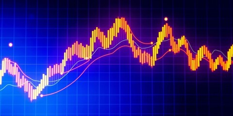 Dynamic financial chart, glowing lines, blue background, upward trend, illustration