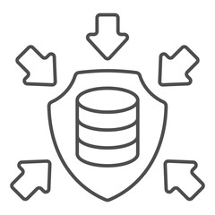 Storage array on shield with arrows thin line icon, data protection concept. Vector graphics. Hard disks, data under attack sign on white background, outline style icon for mobile or web design.