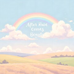 Obraz premium Pastel Rainbow Over Rolling Hills with a Gentle Reminder