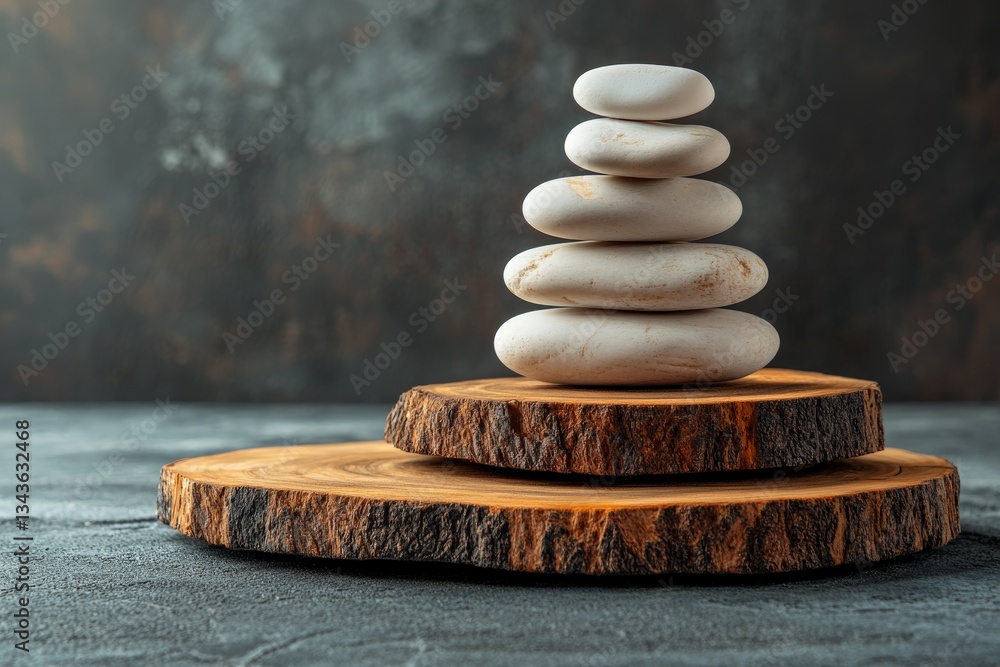 Poster stacked pebbles on wooden slices showcase a tranquil and balanced arrangement in a serene environmen