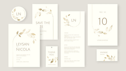 Elegant wedding set. Golden textured prints of twigs and leaves. Place cards, wedding invitation, table number, save the date, thank you card, menu, sticker.