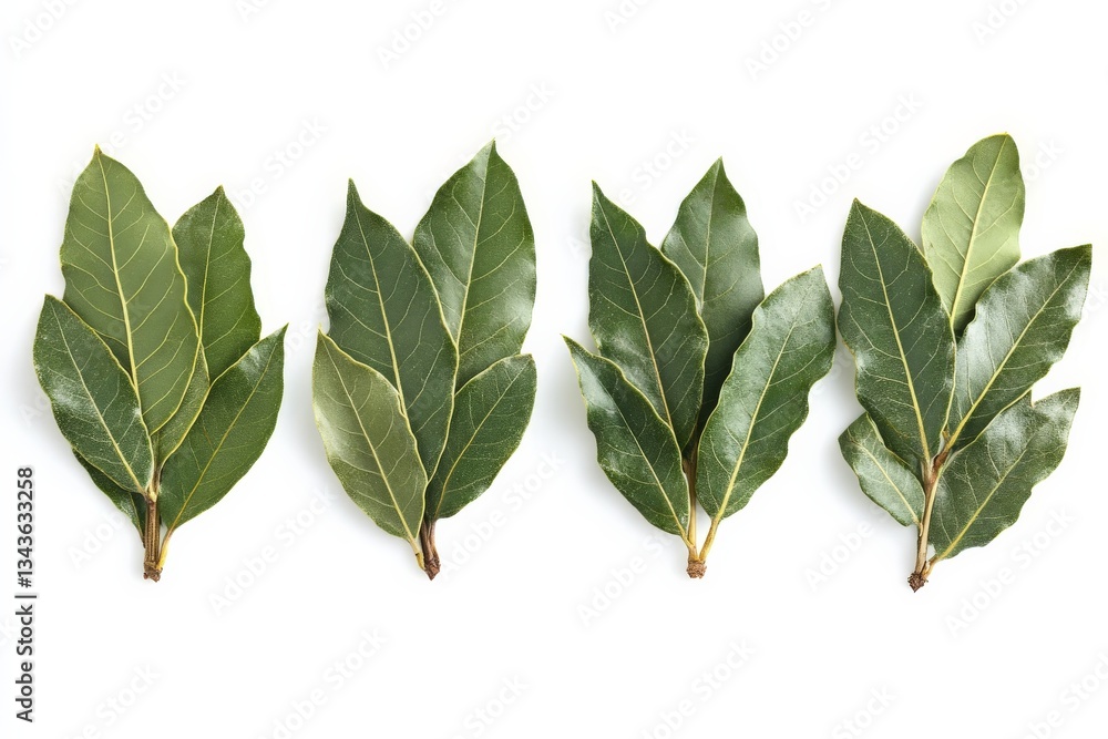 Aufkleber fresh bay leaves arranged on a white background highlighting their rich green color and distinct sha