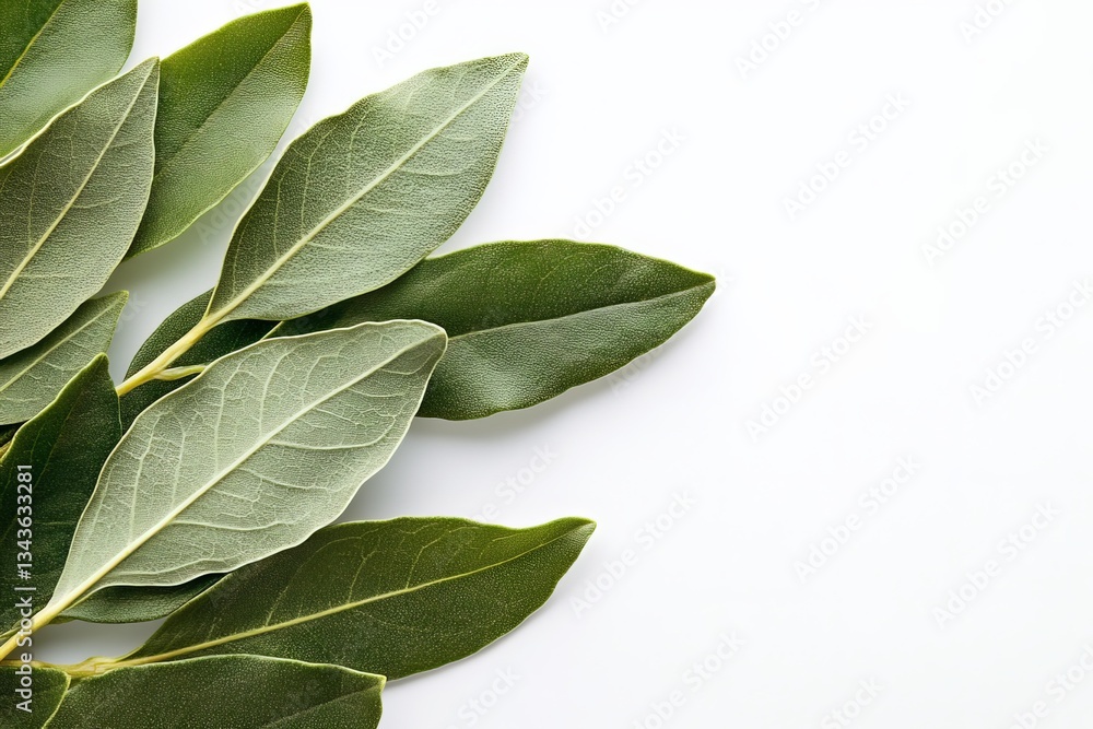 Poster Fresh bay leaves arranged on a light surface highlight their texture and color in a culinary setting