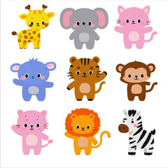 Cute Wild Animals in Standing position Vector Illustration. Animals include a giraffe, elephant, tiger, bear, hippo, monkey, lion, deer, zebra, and fox