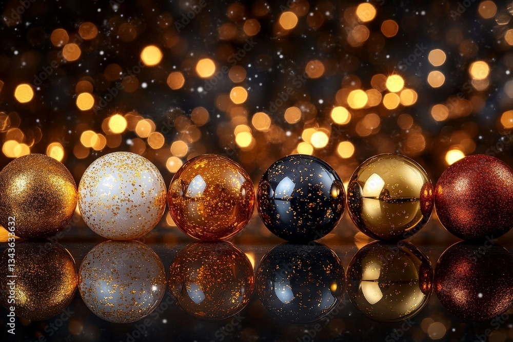 Poster elegant holiday ornaments in various colors reflecting warm light in a festive setting